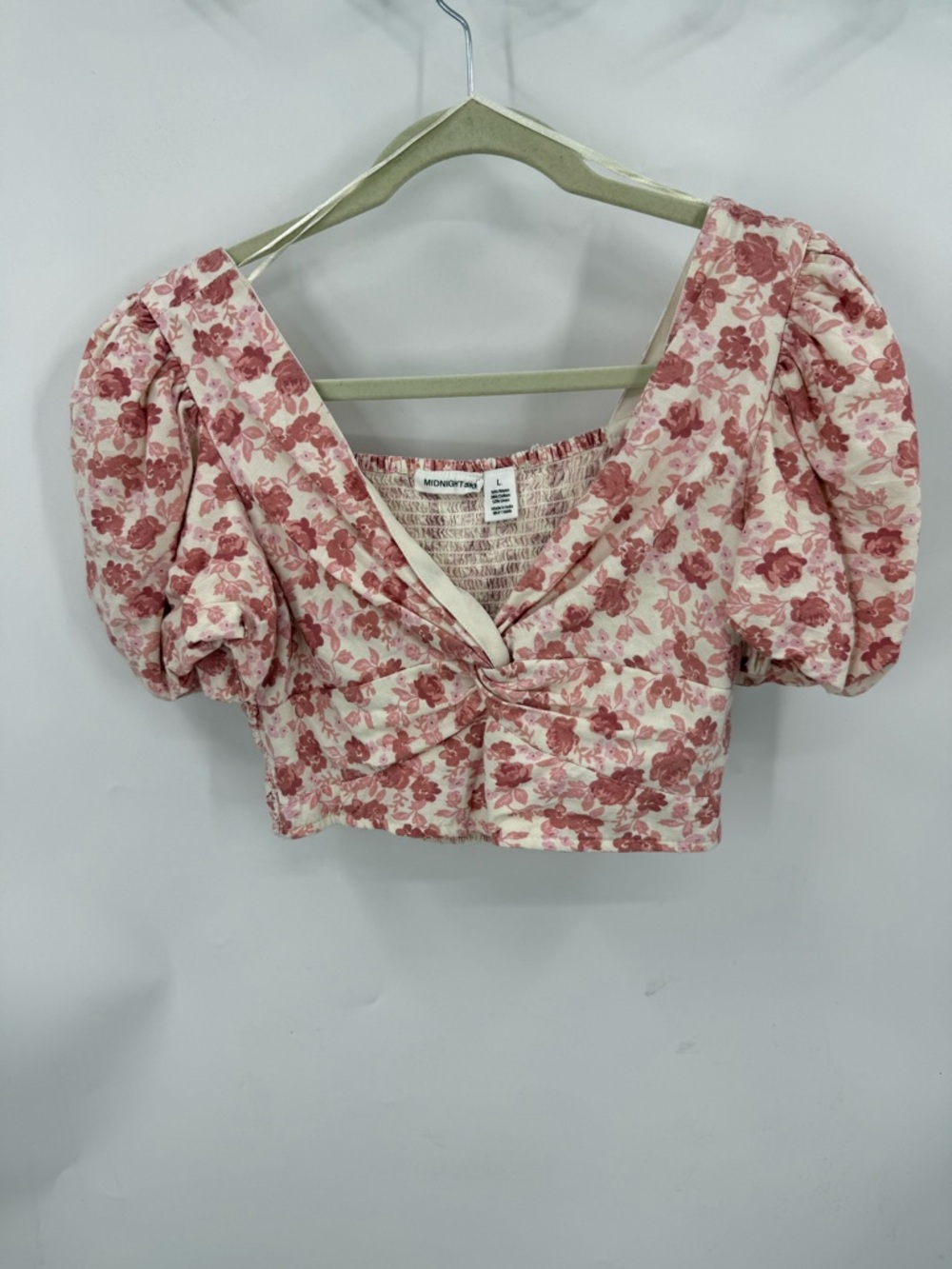 Midnight Sky Cream & Pink Ditsy Floral Linen Blend Puff Sleeve Smocked Crop Top